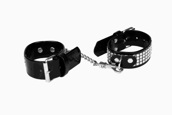 Kajdanki damskie Whips Collection lakierowane czarne z kryształkami - zdjęcie główne