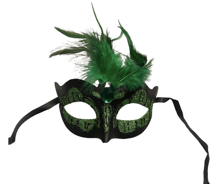 Maska wenecka Kinky Mask zielono-czarna z kamieniem i piórkiem - zdjęcie główne