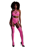 Komplet bielizny z crop topem i pończochami Ouch! neonowy róż XS/XL